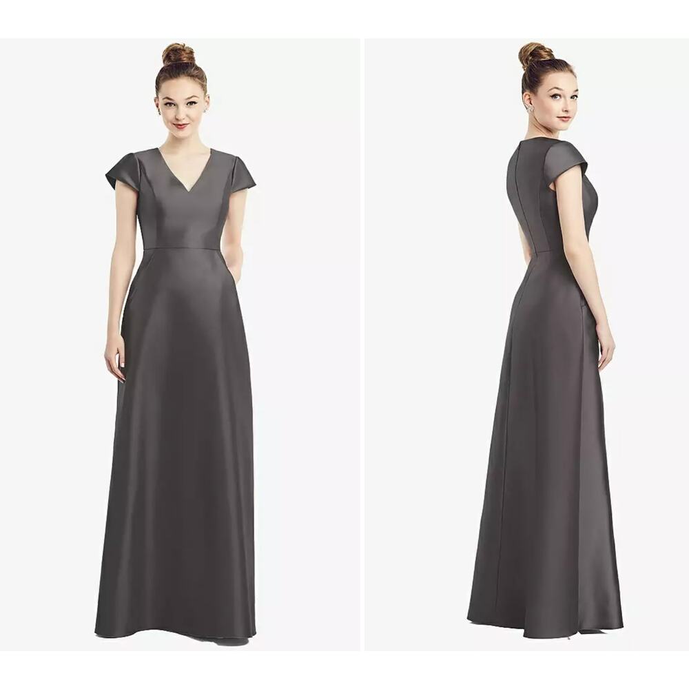 ALFRED SUNG D779 V-NECK SATIN‎ CAP SLEEVE POCKETS CAVIER GRAY GOWN SIZE 10 NEW